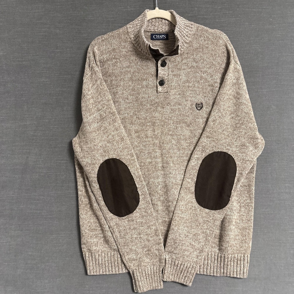 Chaps Sweater‎ Mens XL Beige Cotton Knit Henley Elbow Patches Pullover Preppy